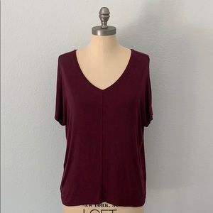LOFT Women’s Soft Knit V-Neck Top XS Burgundy Dolman Sleeve Drapey T-Shirt